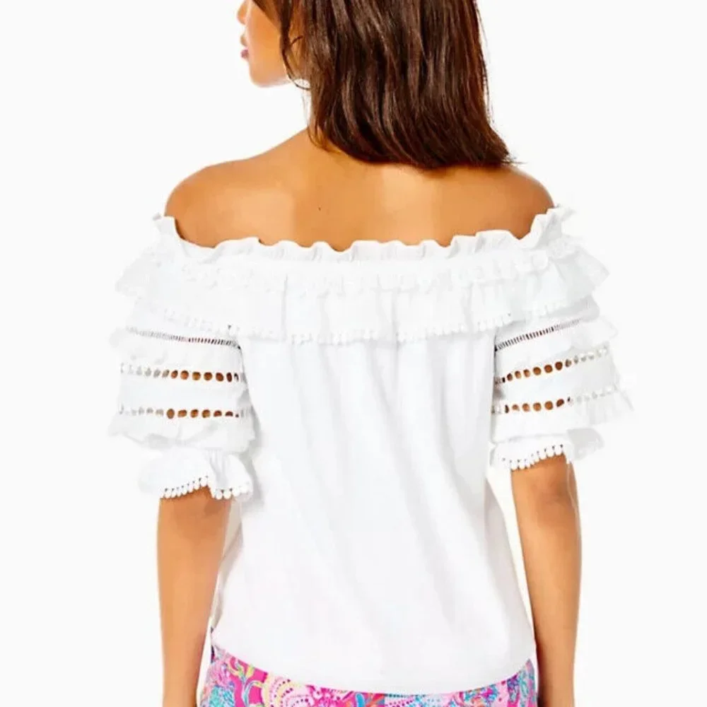 Lilly Pulitzer Brentwood Off-The-Shoulder Top Ruffle White L US ITEM